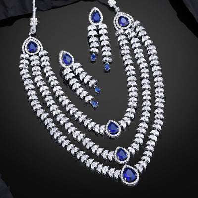 Estele Rhodium Plated CZ Magnificent Three Line Necklace Set with Blue Stones for Women