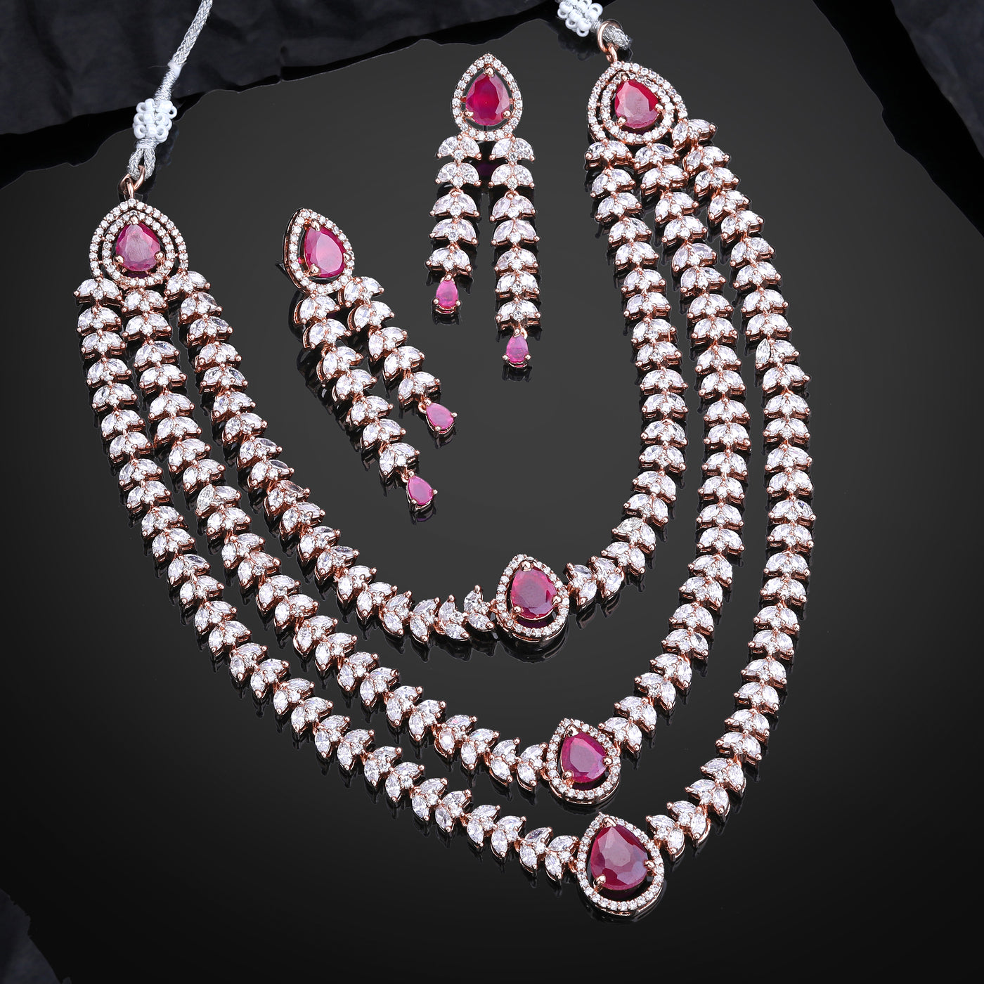 Estele Rose Gold Plated CZ Magnificent Triple Line Necklace Set with Ruby Stones for Women