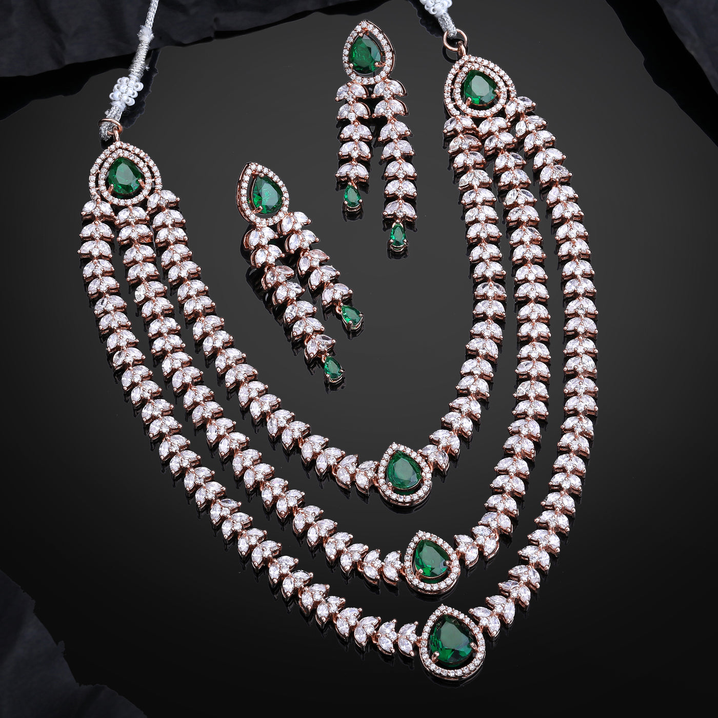 Estele Rose Gold Plated CZ Magnificent Triple Line Necklace Set with Green Stones for Women