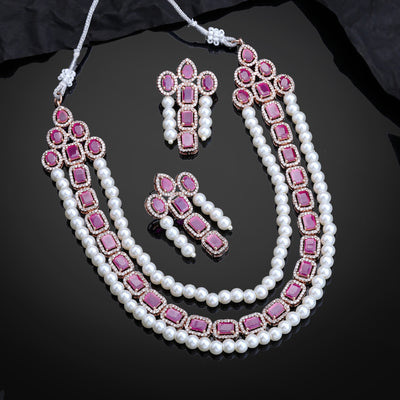 Estele Rose Gold Plated CZ Captivating 3-Layered Necklace Set with Ruby Stones & Pearls for Women