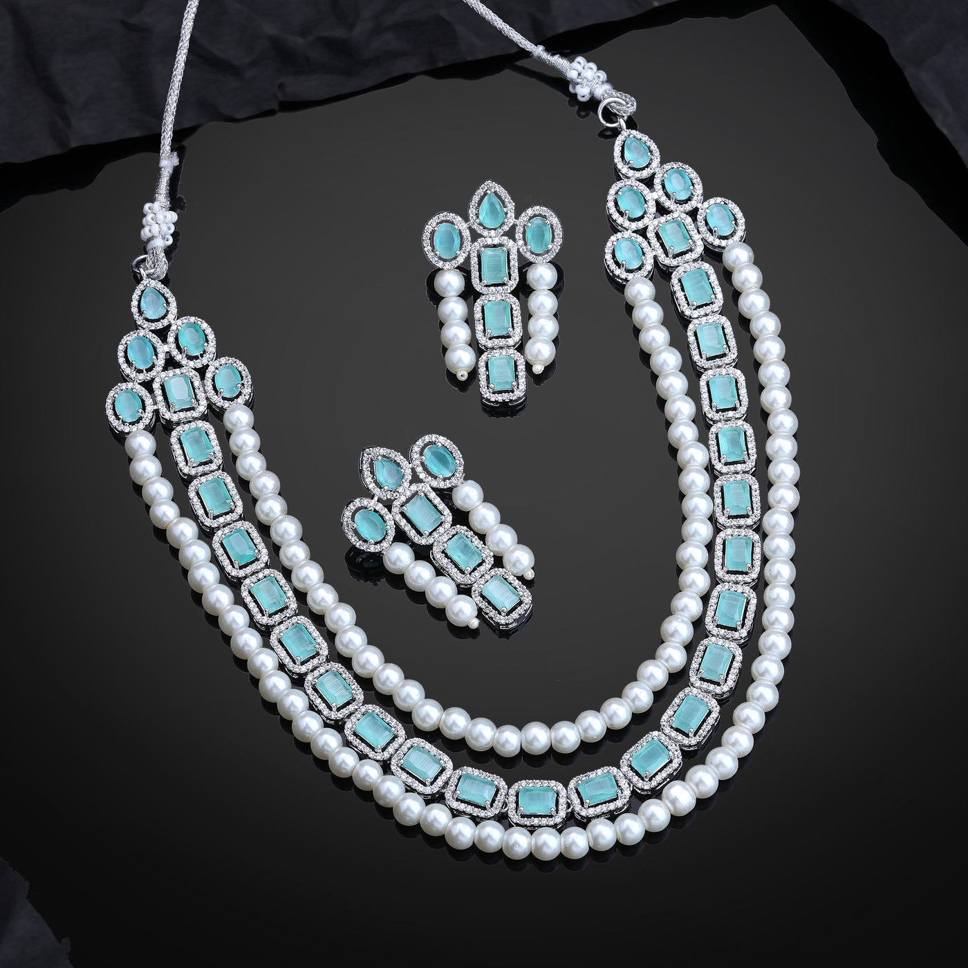 Estele Rhodium Plated CZ Captivating Triple-Layered Necklace Set with Mint Green Stones & Pearls for Women