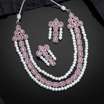 Estele Rose Gold Plated CZ Captivating 3-Layered Necklace Set with Mint Pink Stones & Pearls for Women