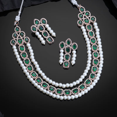 Estele Rose Gold Plated CZ Captivating 3-Layered Necklace Set with Green Stones & Pearls for Women