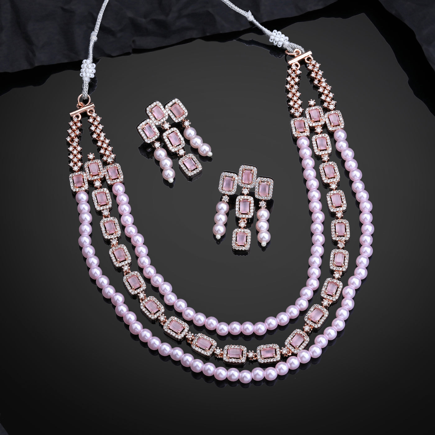 Estele Rose Gold Plated CZ Gorgeous 3-Layered Necklace Set with Mint Pink Stones & Pearls for Women