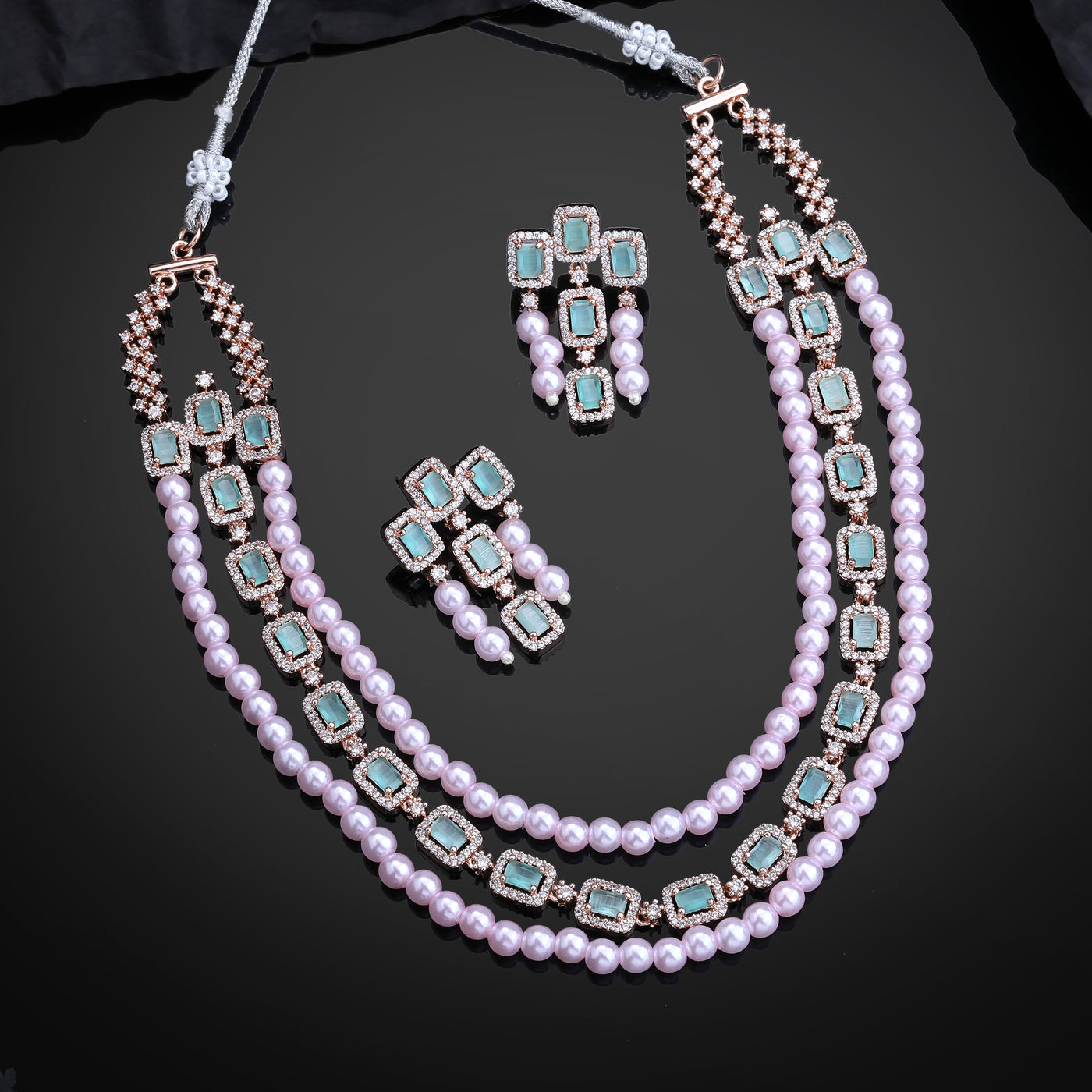 Estele Rose Gold Plated CZ Gorgeous 3-Layered Necklace Set with Mint Green Stones & Pearls for Women