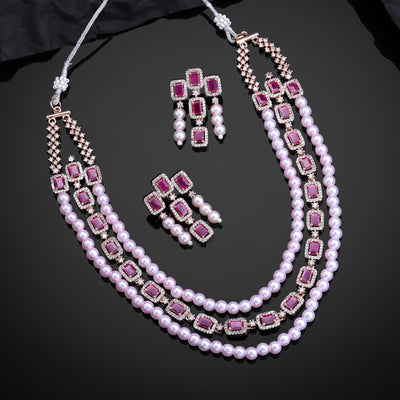 Estele Rose Gold Plated CZ Gorgeous 3-Layered Necklace Set with Ruby Stones & Pearls for Women