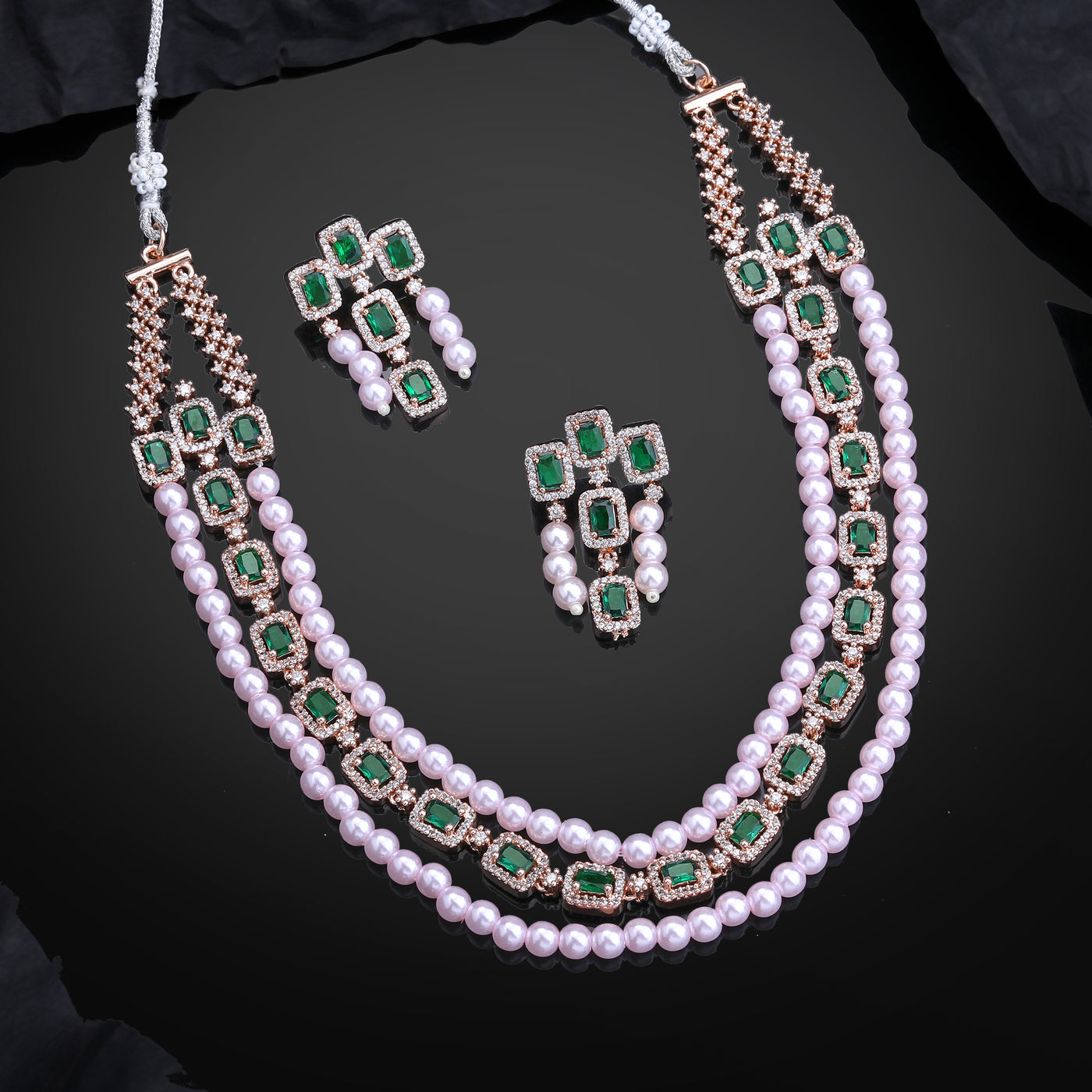 Estele Rose Gold Plated CZ Gorgeous 3-Layered Necklace Set with Green Stones & Pearls for Women