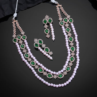 Estele Rose Gold Plated CZ Fascinating Triple-Layered Necklace Set with Green Stones & Pearls for Women