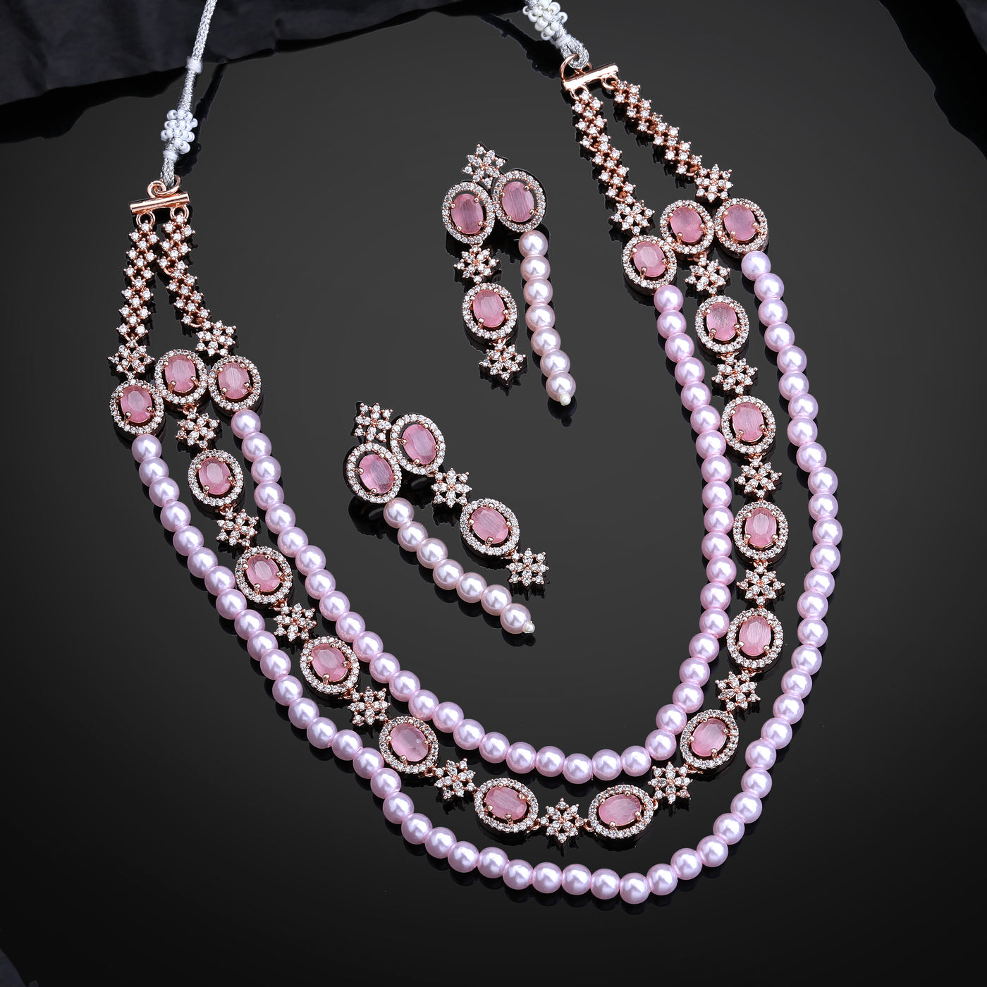 Estele Rose Gold Plated CZ Fascinating Triple-Layered Necklace Set with Mint Pink Stones & Pearls for Women