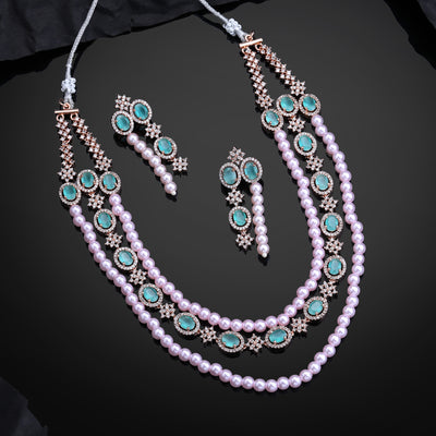 Estele Rose Gold Plated CZ Fascinating Triple-Layered Necklace Set with Mint Green Stones & Pearls for Women