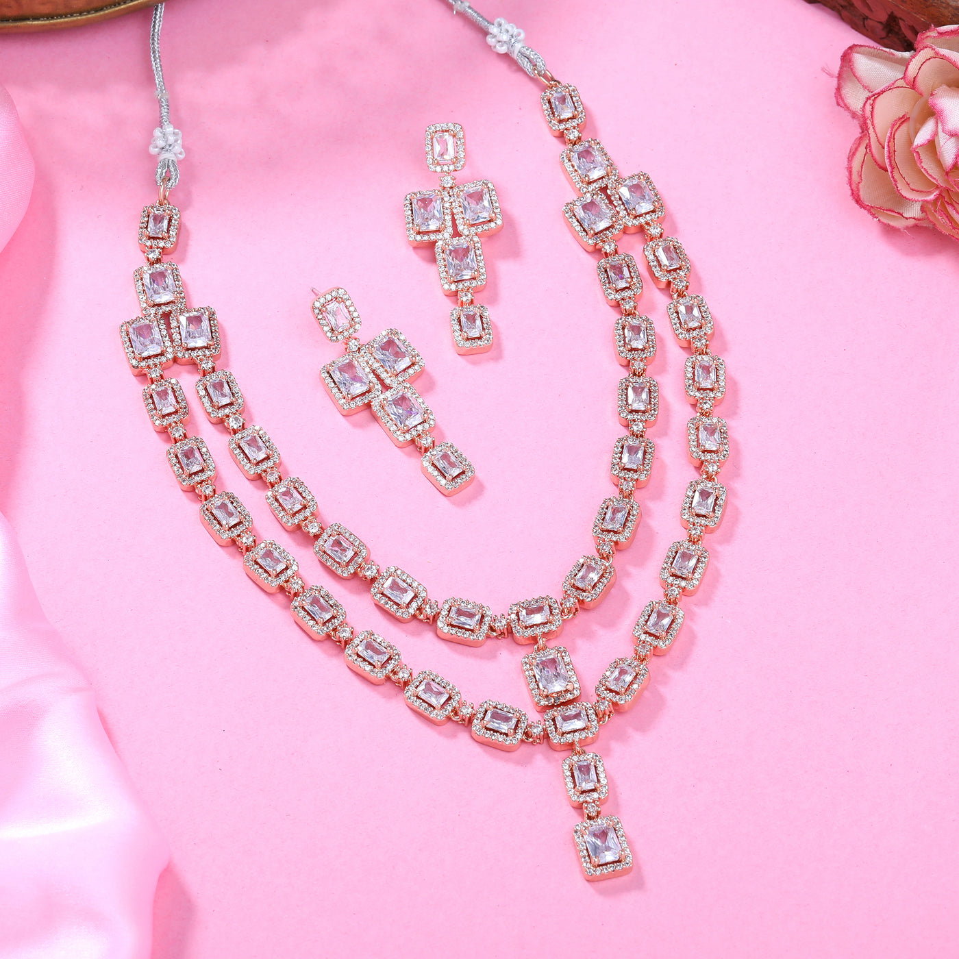 Estele Rose Gold Plated CZ Ravishing Double Line Necklace Set with White Stones for Women