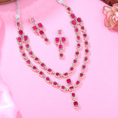 Estele Rose Gold Plated CZ Ravishing Double Line Necklace Set with Ruby Stones for Women