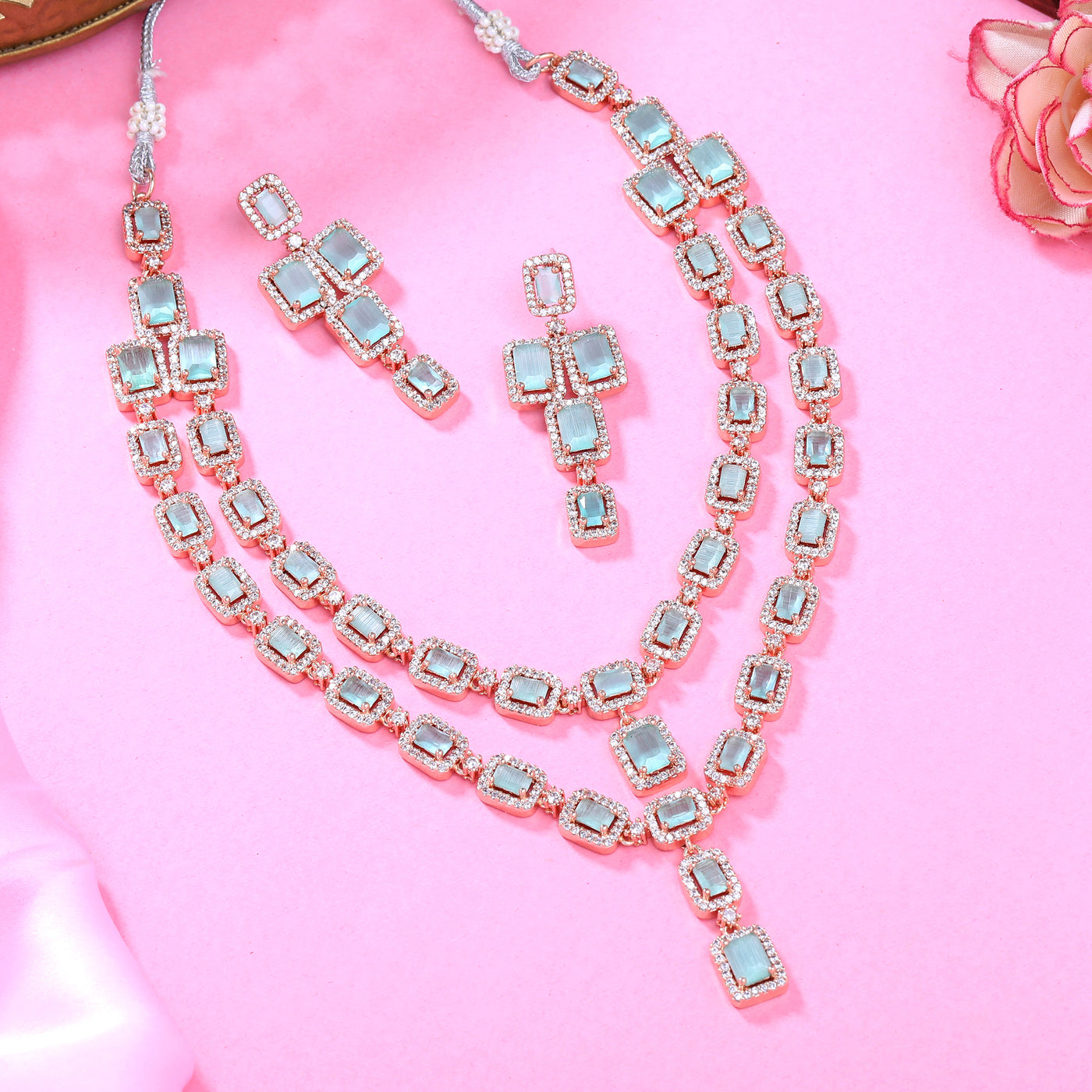 Estele Rose Gold Plated CZ Ravishing Double Line Necklace Set with Mint Green Stones for Women