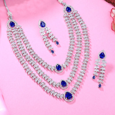 Estele Rhodium Plated CZ Magnificent Three Line Necklace Set with Blue Stones for Women