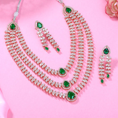 Estele Rose Gold Plated CZ Magnificent Triple Line Necklace Set with Green Stones for Women