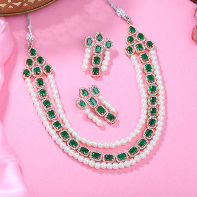 Estele Rose Gold Plated CZ Captivating 3-Layered Necklace Set with Green Stones & Pearls for Women