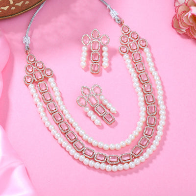 Estele Rose Gold Plated CZ Captivating 3-Layered Necklace Set with Mint Pink Stones & Pearls for Women