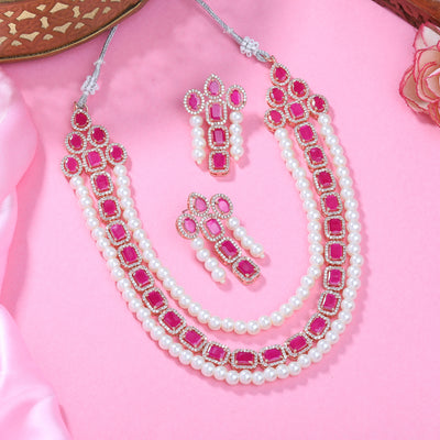 Estele Rose Gold Plated CZ Captivating 3-Layered Necklace Set with Ruby Stones & Pearls for Women