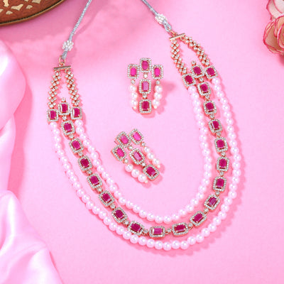 Estele Rose Gold Plated CZ Gorgeous 3-Layered Necklace Set with Ruby Stones & Pearls for Women