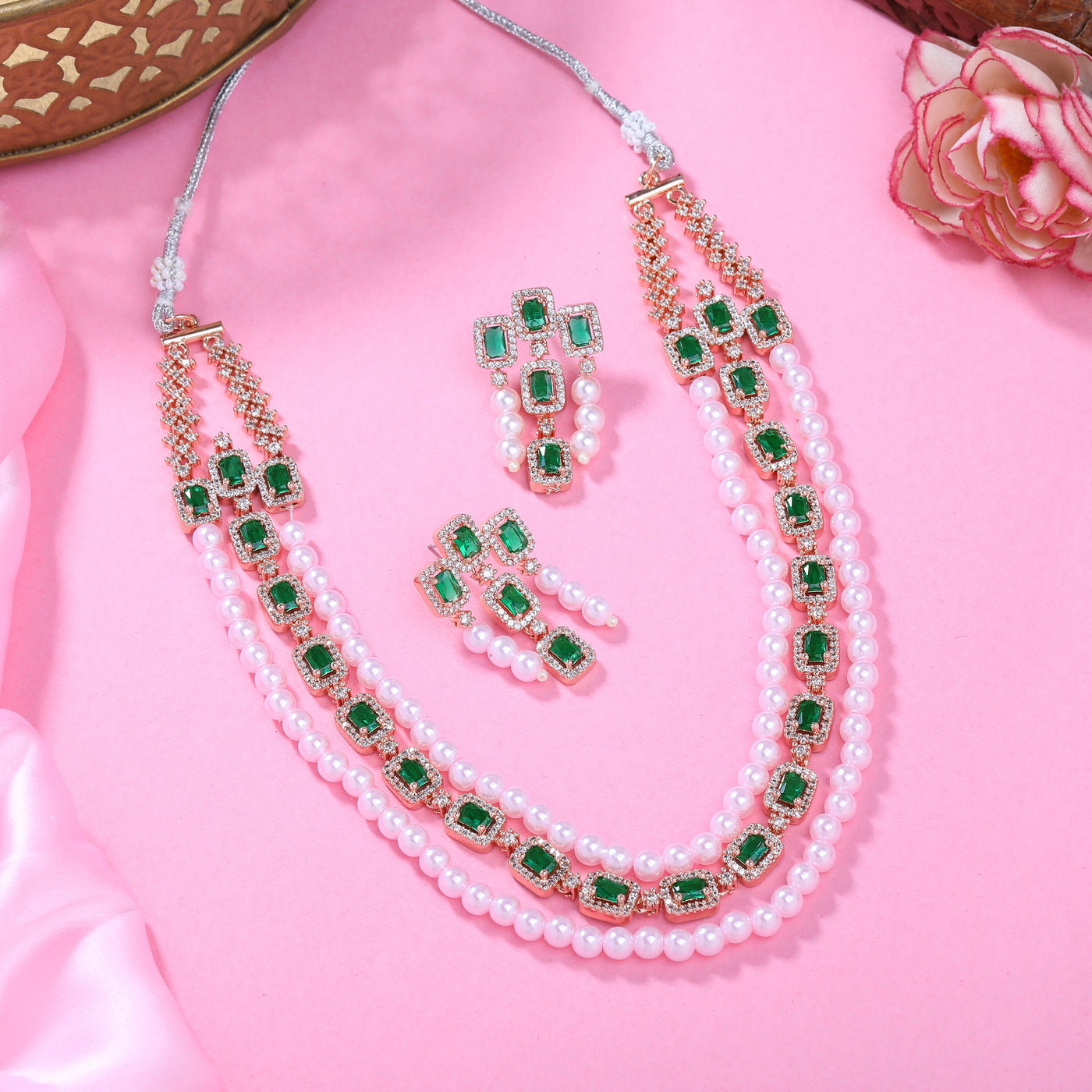 Estele Rose Gold Plated CZ Gorgeous 3-Layered Necklace Set with Green Stones & Pearls for Women