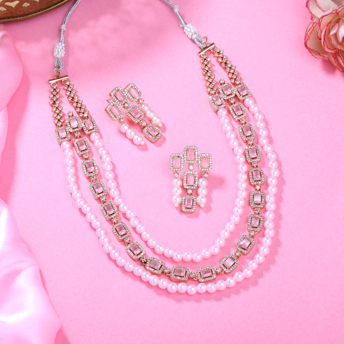 Estele Rose Gold Plated CZ Gorgeous 3-Layered Necklace Set with Mint Pink Stones & Pearls for Women