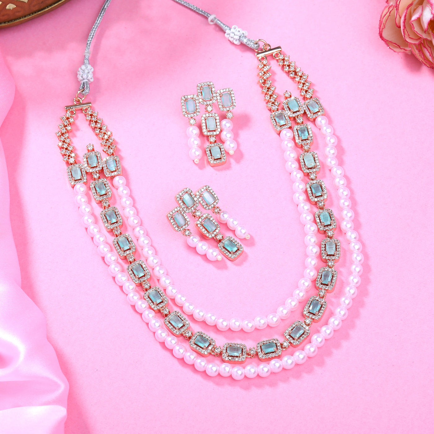 Estele Rose Gold Plated CZ Gorgeous 3-Layered Necklace Set with Mint Green Stones & Pearls for Women