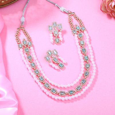 Estele Rose Gold Plated CZ Gorgeous 3-Layered Necklace Set with Mint Green Stones & Pearls for Women