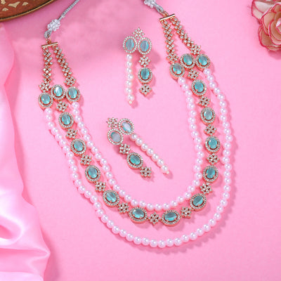 Estele Rose Gold Plated CZ Fascinating Triple-Layered Necklace Set with Mint Green Stones & Pearls for Women