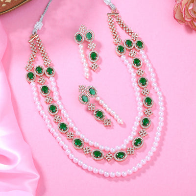 Estele Rose Gold Plated CZ Fascinating Triple-Layered Necklace Set with Green Stones & Pearls for Women