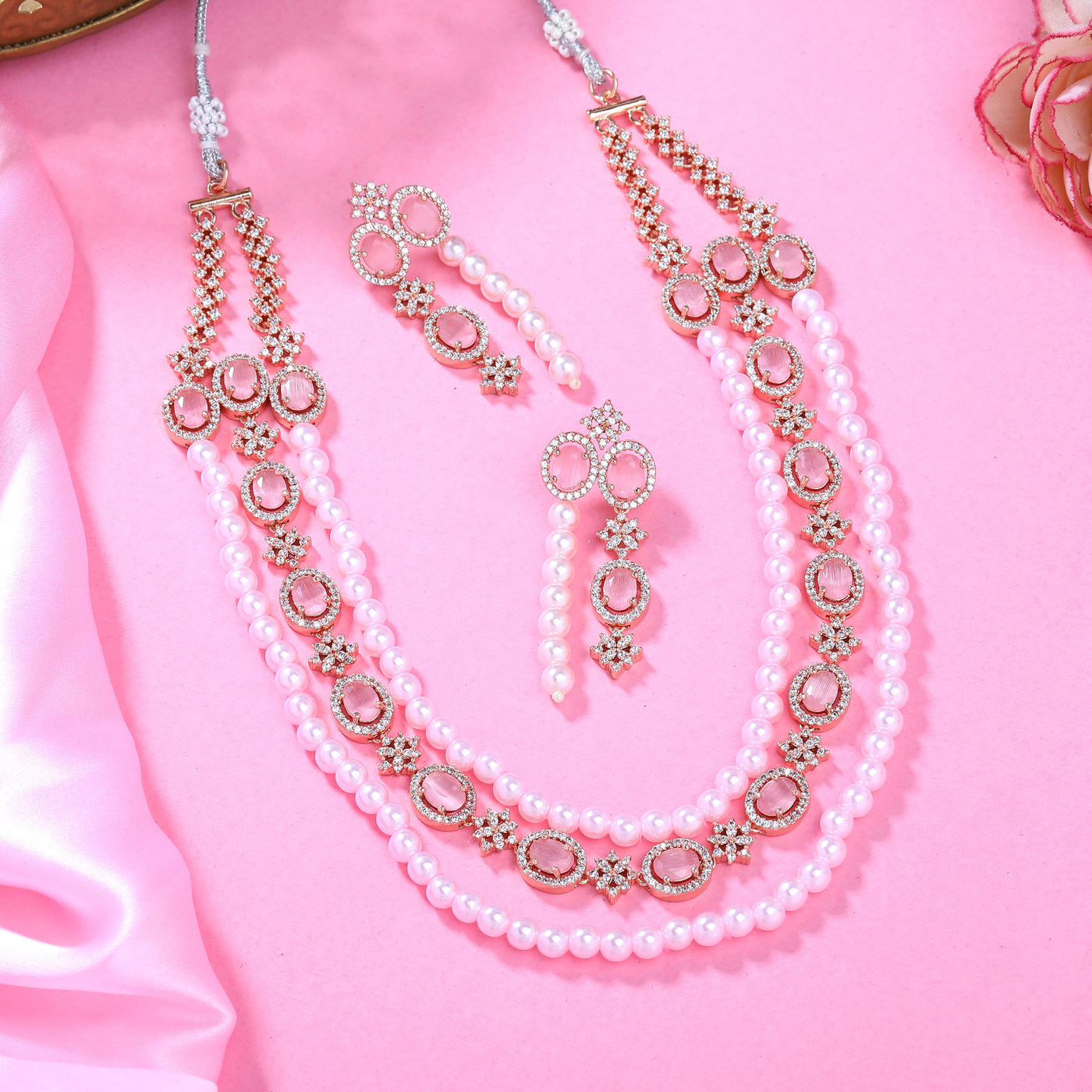 Estele Rose Gold Plated CZ Fascinating Triple-Layered Necklace Set with Mint Pink Stones & Pearls for Women