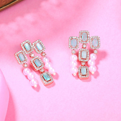 Estele Rose Gold Plated CZ Shimmering Earrings with Mint Green Stones & Pearls for Women