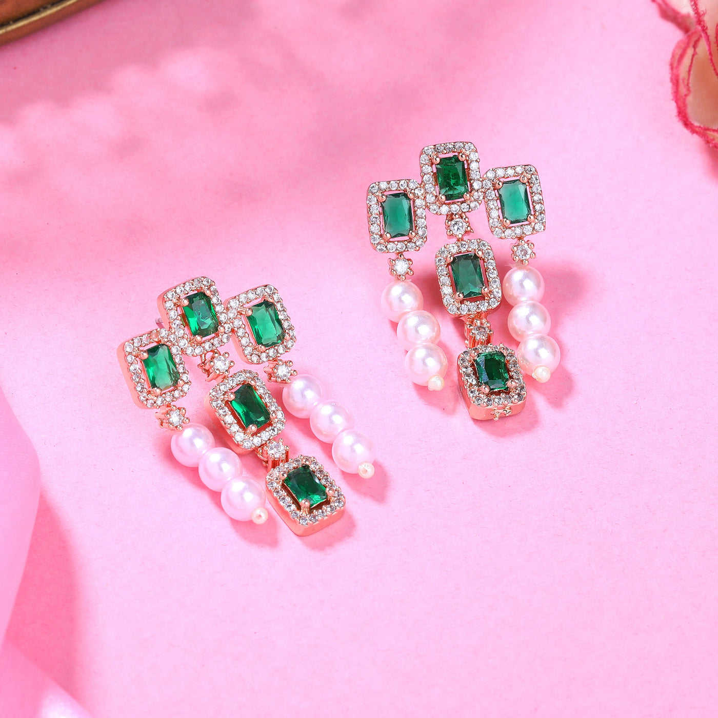 Estele Rose Gold Plated CZ Shimmering Earrings with Green Stones & Pearls for Women