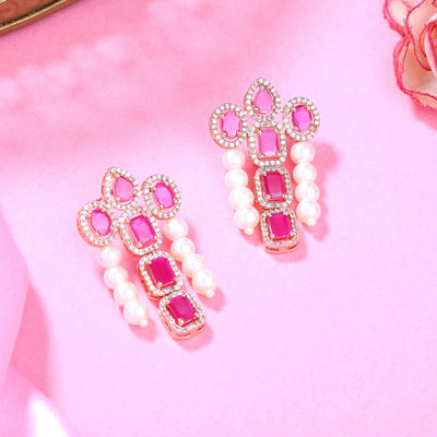 Estele Rose Gold Plated CZ Astonishing Drop Earrings with Ruby Stones & Pearls for Women