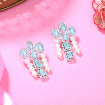 Estele Rhodium Plated CZ Astonishing Drop Earrings with Mint Green Stones & Pearls for Women