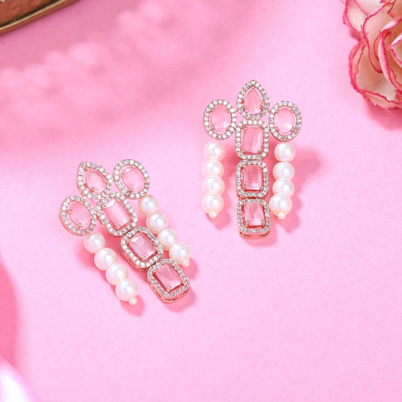 Estele Rose Gold Plated CZ Astonishing Drop Earrings with Mint Pink Stones & Pearls for Women