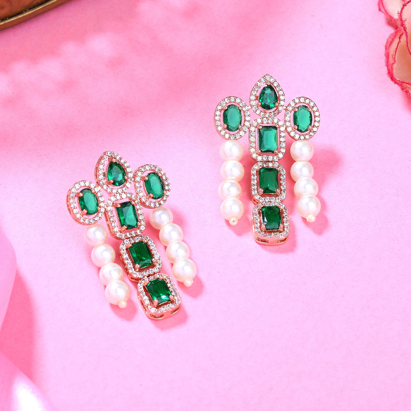 Estele Rose Gold Plated CZ Astonishing Drop Earrings with Green Stones & Pearls for Women