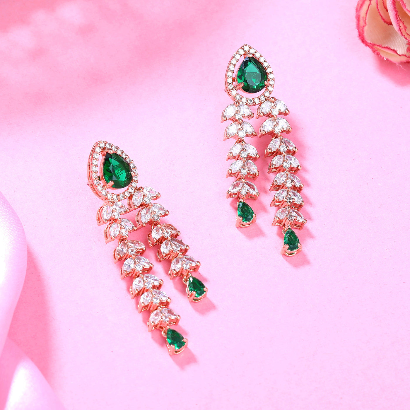 Estele Rose Gold Plated CZ Glimmering Earrings with Green Stones for Women