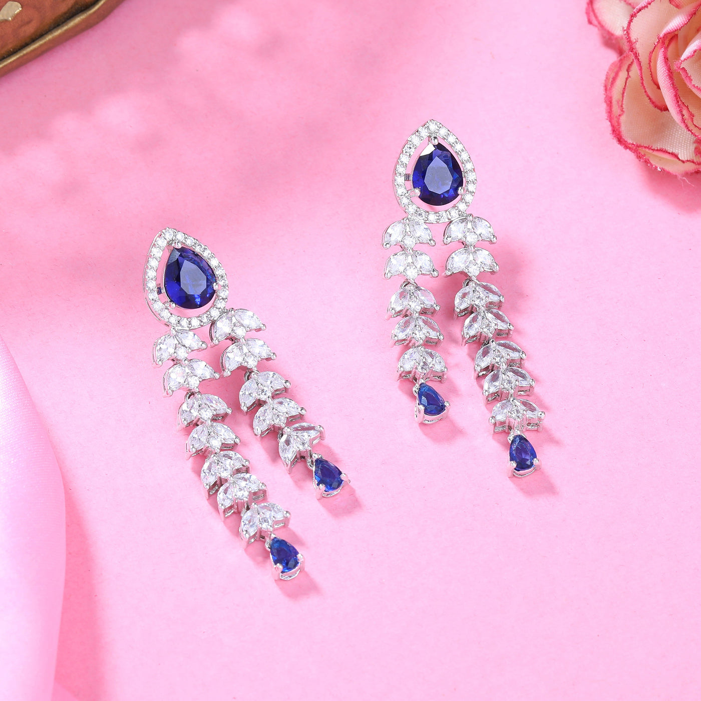 Estele Rhodium Plated CZ Glimmering Earrings with Blue Stones for Women