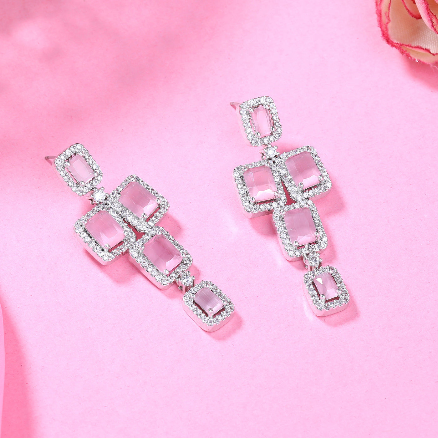 Estele Rhodium Plated CZ Dazzling Earrings with Mint Pink Stones for Women