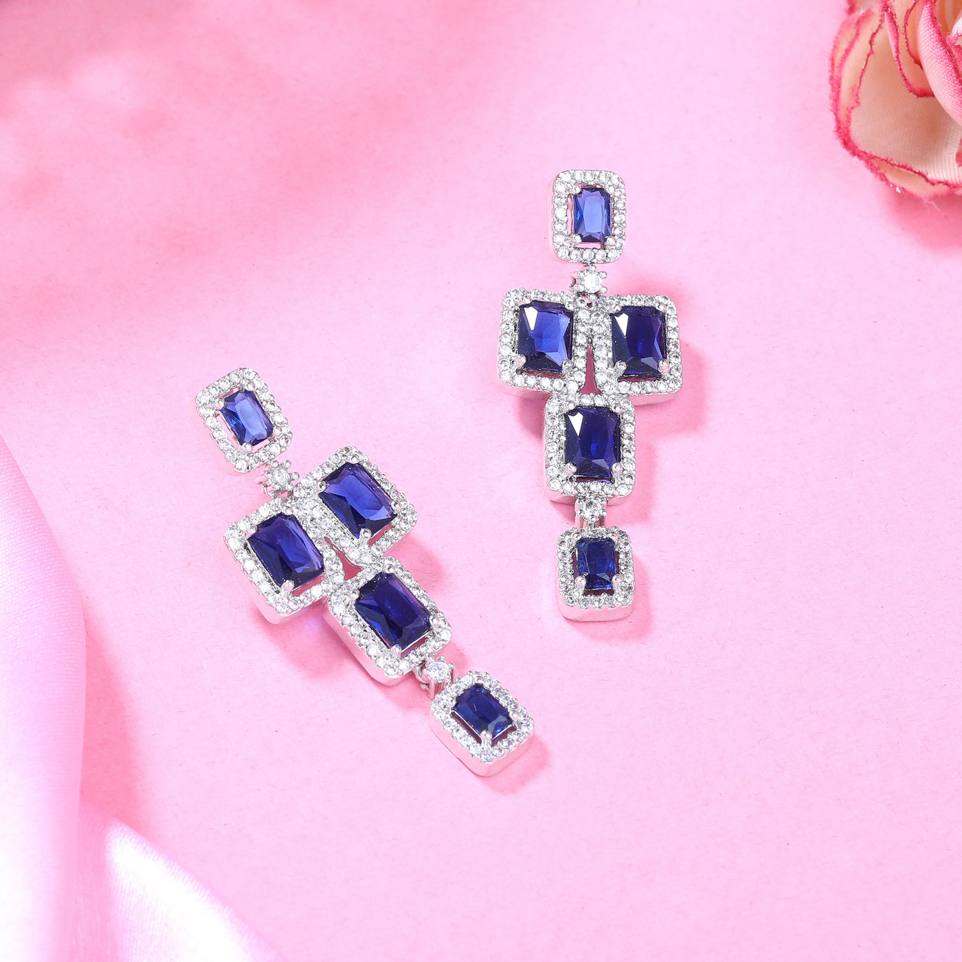 Estele Rhodium Plated CZ Dazzling Earrings with Blue Stones for Women