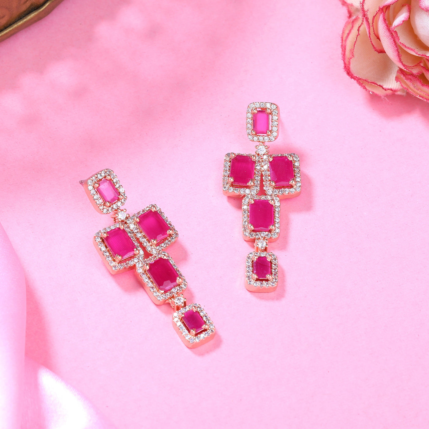 Estele Rose Gold Plated CZ Dazzling Earrings with Ruby Stones for Women