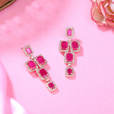 Estele Rose Gold Plated CZ Dazzling Earrings with Ruby Stones for Women