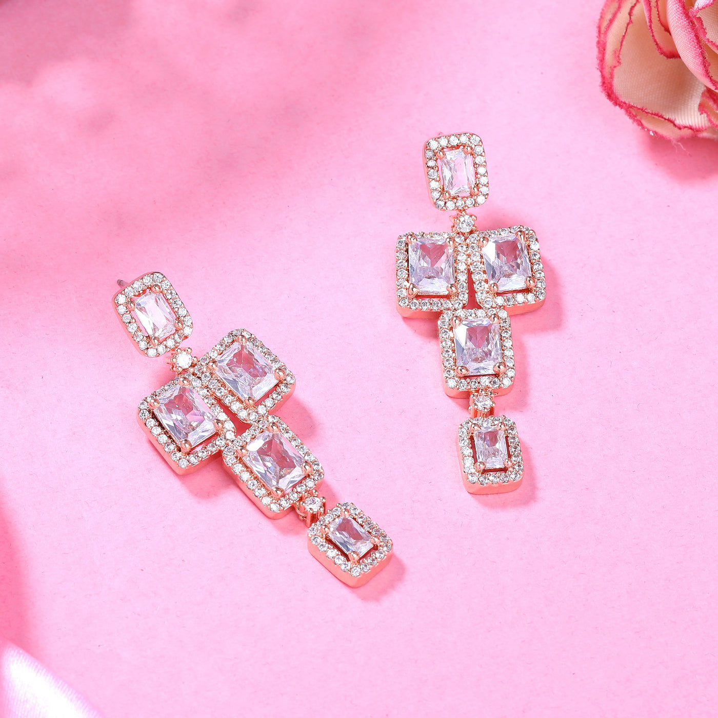 Estele Rose Gold Plated CZ Dazzling Earrings with White Stones for Women