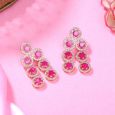 Estele Rose Gold Plated CZ Splendid Drop Earrings with Ruby Stones for Women