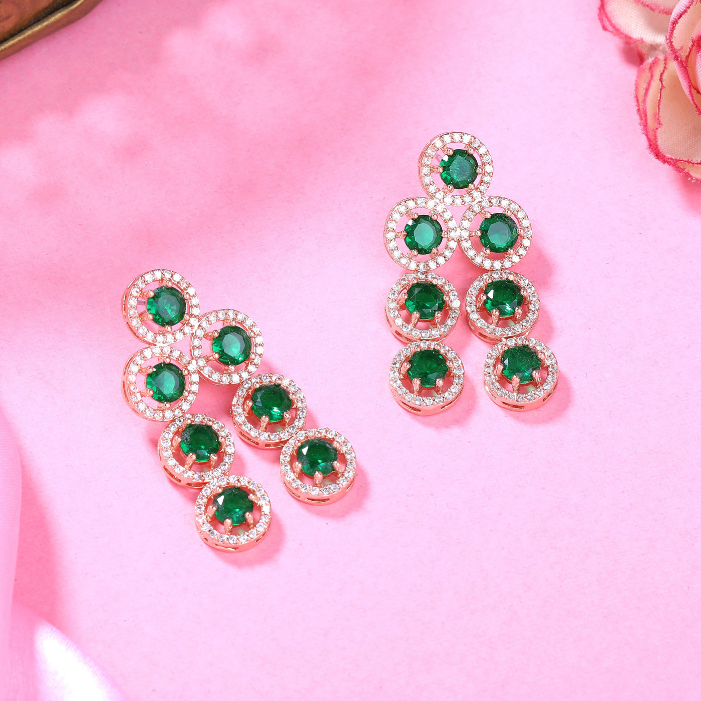 Estele Rose Gold Plated CZ Splendid Drop & Dangle Earrings with Green Stones for Women