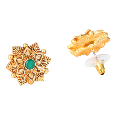 Estele Gold Plated Flower Designer Matt Finish Stud Earrings with Green Crystals for Women