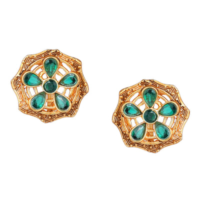 Estele Gold Plated Sparkling Flower Designer Matt Finish Stud Earrings with Green Crystals for Women