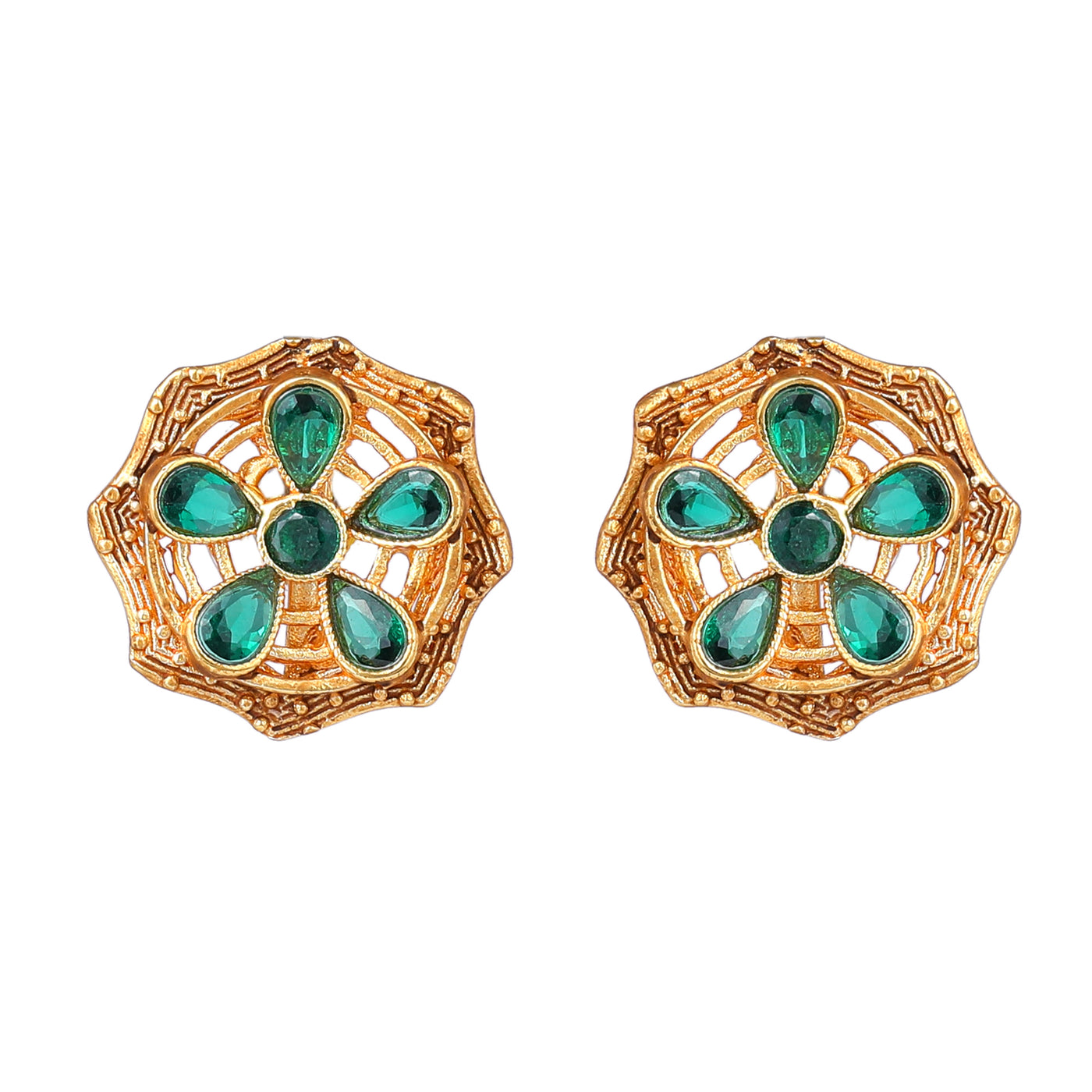 Estele Gold Plated Sparkling Flower Designer Matt Finish Stud Earrings with Green Crystals for Women