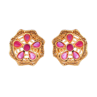 Estele Gold Plated Sparkling Flower Designer Matt Finish Stud Earrings with Ruby Crystals for Women