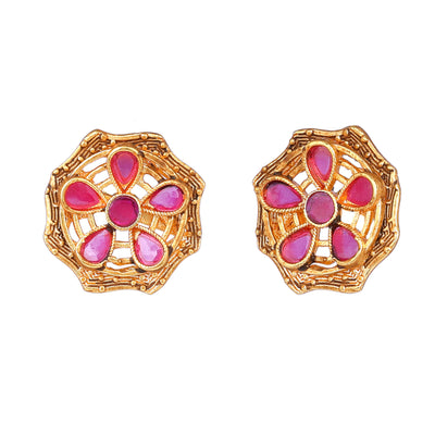 Estele Gold Plated Sparkling Flower Designer Matt Finish Stud Earrings with Ruby Crystals for Women